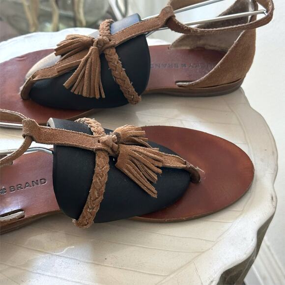 LUCKY BRAND Braided Brown Suede Leather Tassel Thong Sandals Strappy 8 38 Flats - Picture 2 of 10